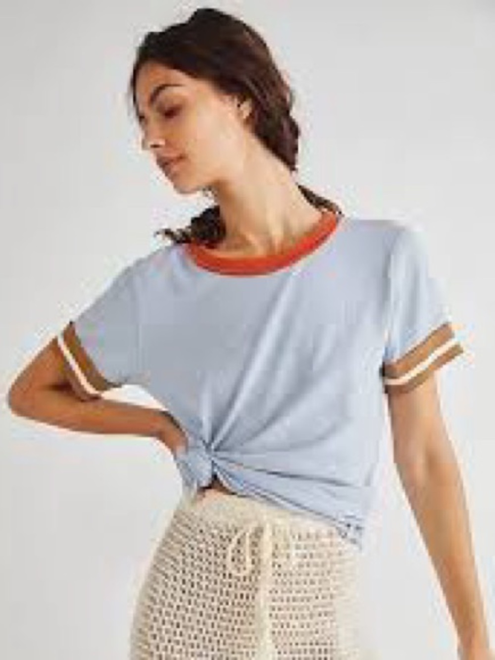 We The Free Let's Do This Tee raw edge hem contrast orange and brown striped xl